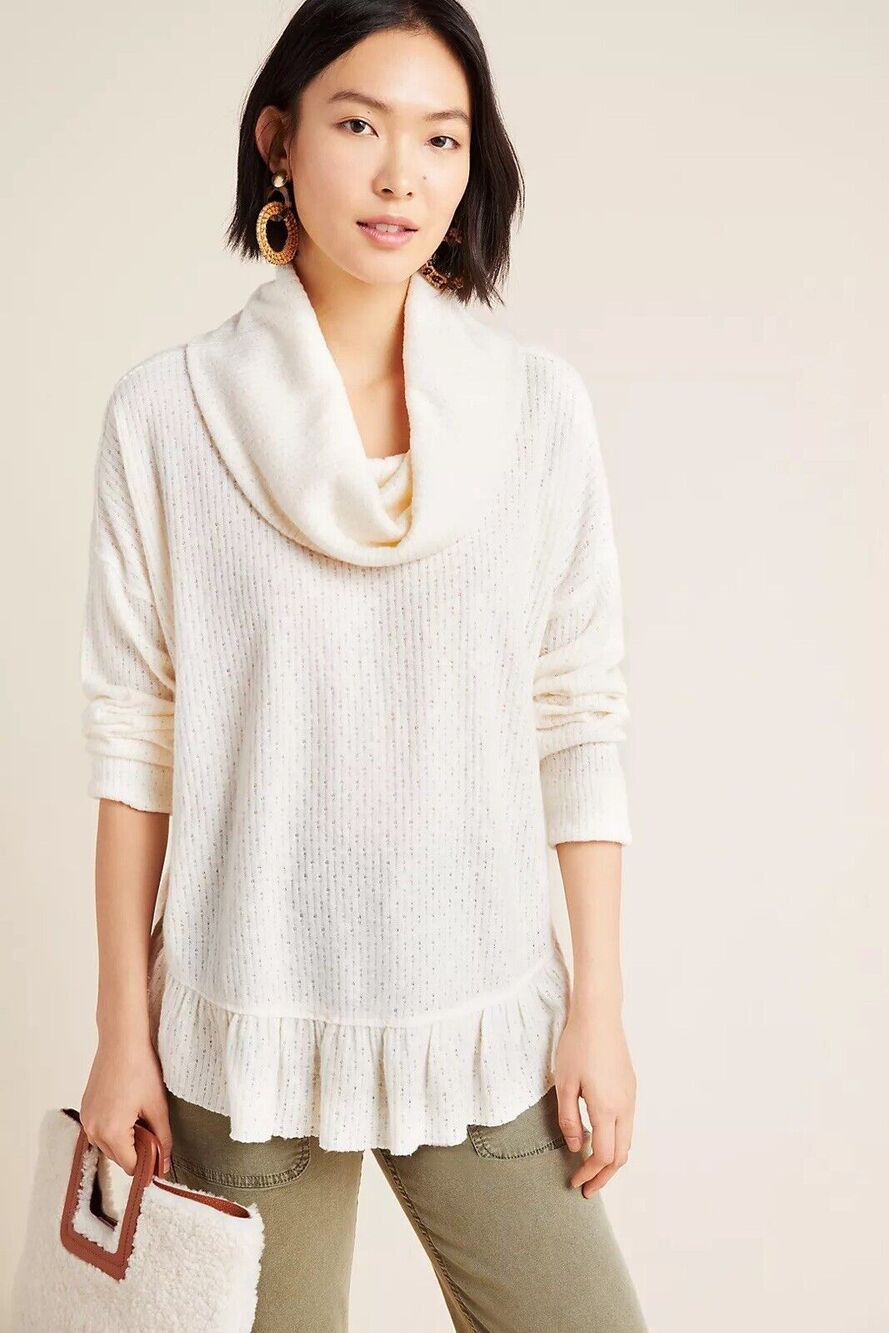 MAEVE Anthropologie Addie Ruffled Hacci Pullover Sweater Top Ivory Cream Sz S